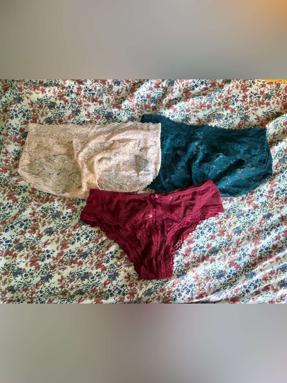 Arden B Lace Bikini Briefs Trio - Cream, Teal & Burgundy